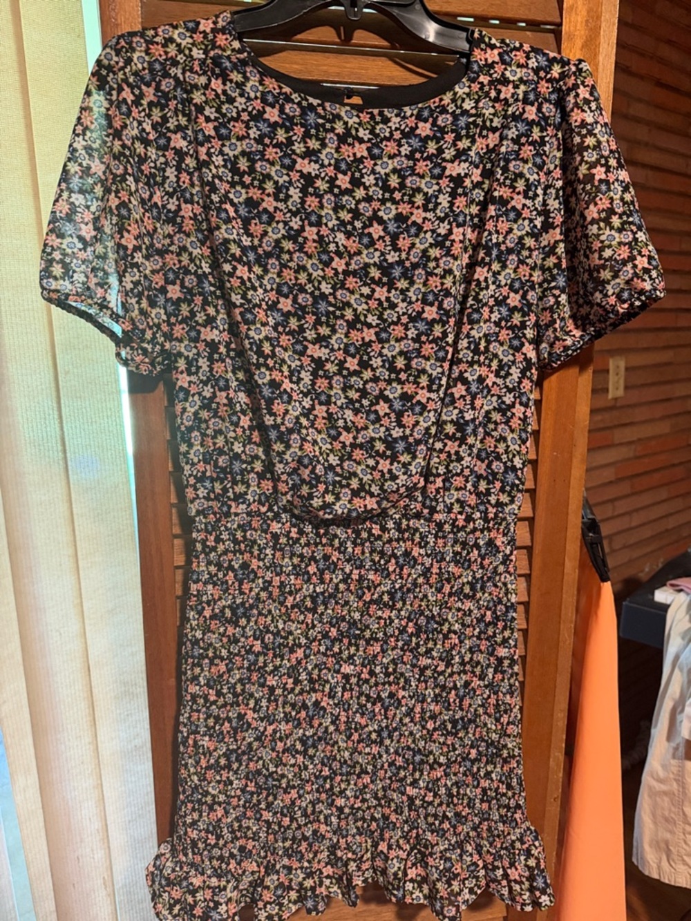HYFVE Black Floral Smocked Mini Dress with Pink and Cream Accents